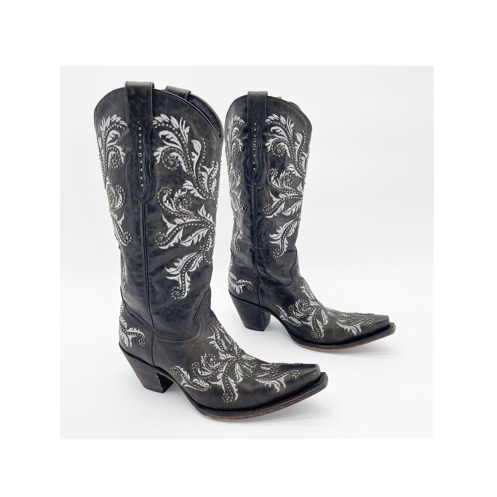 Lucchese Women's 10.5 Black Oklahoma Calfskin Studded Crystal Cowgirl Boots